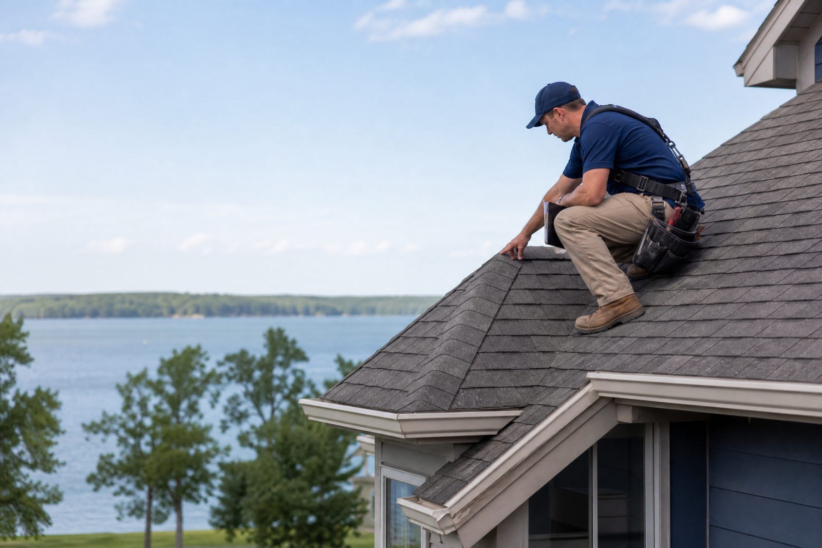 Roofing specialist inspecting asphalt shingles on a Northeast Texas home